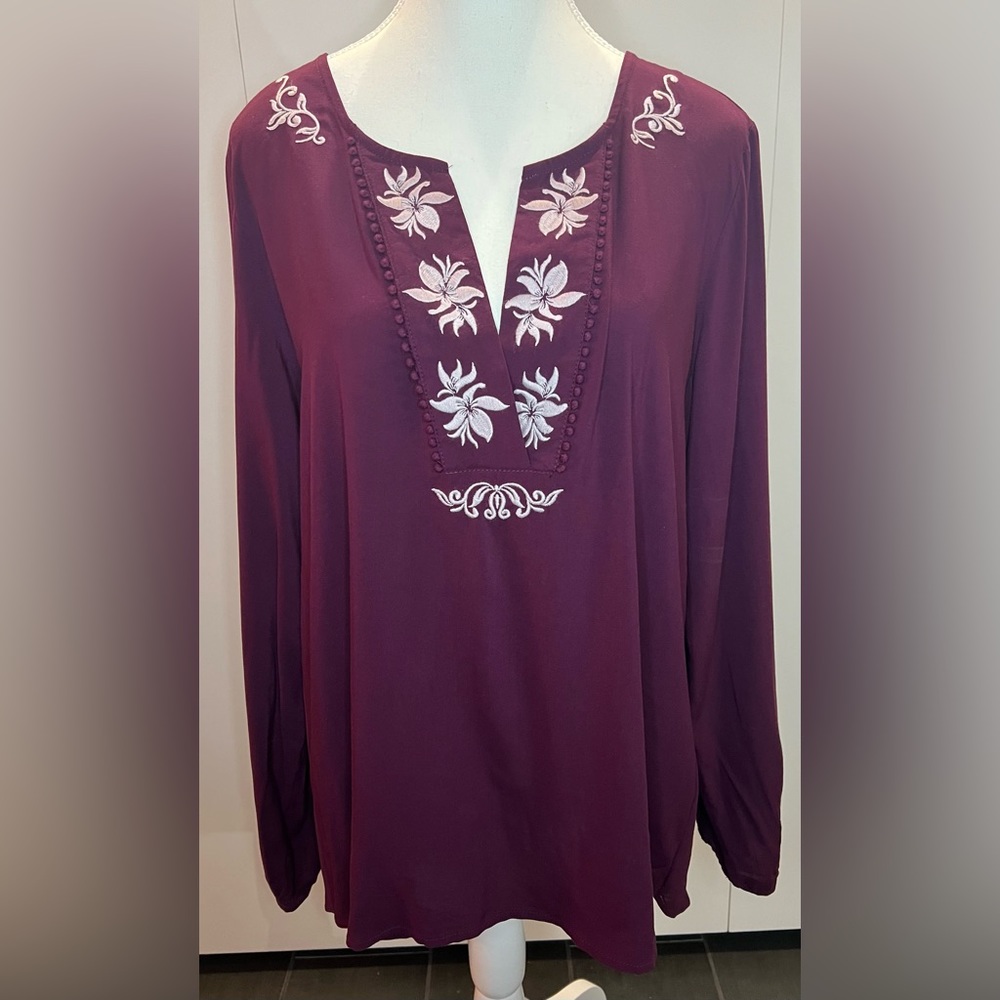 ARIAT embroidered long sleeve western purple top Asymmetrical sheer back Size L